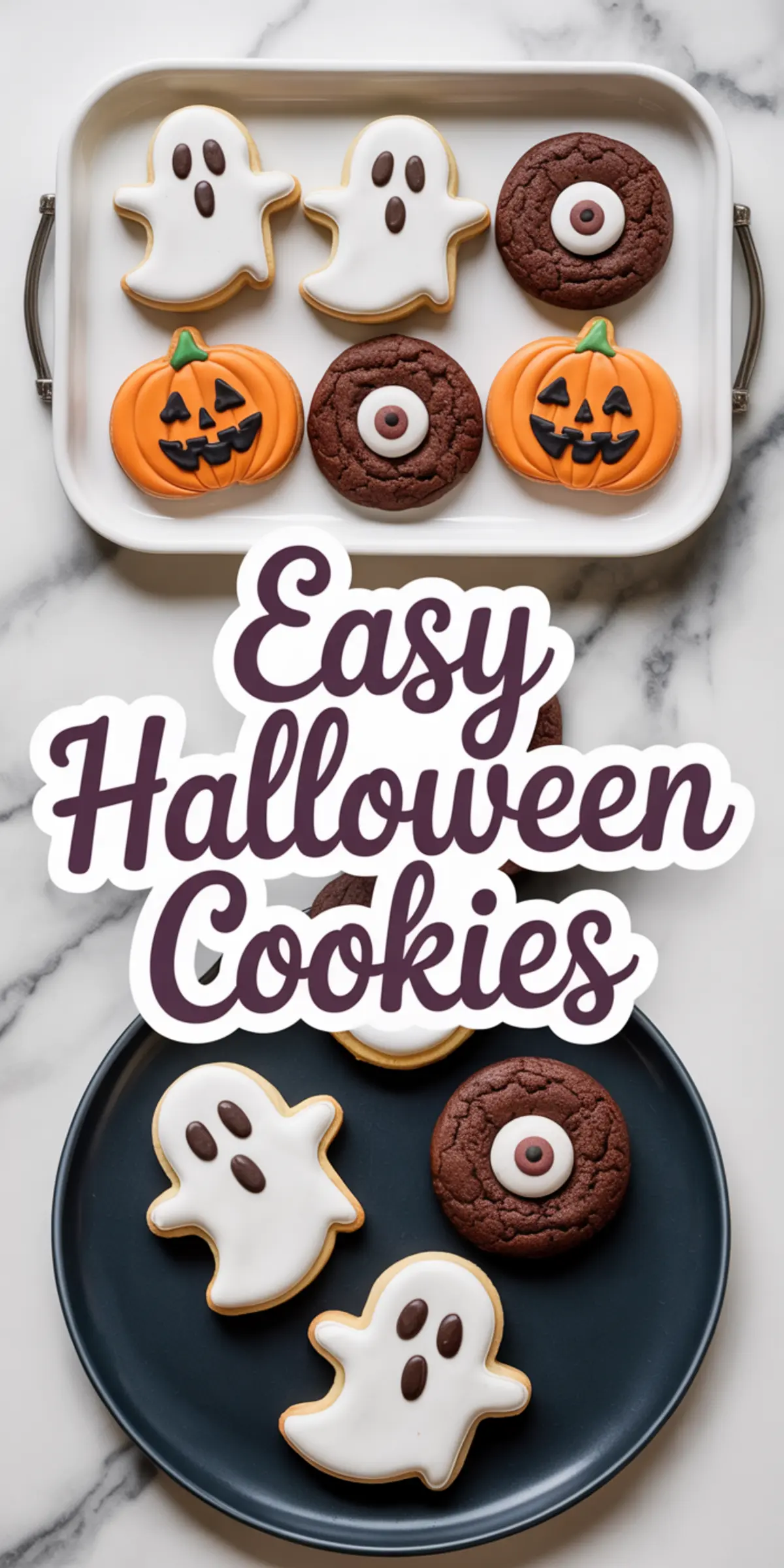 Collage showing ghost, pumpkin, and eyeball Halloween cookies on white and black plates, with purple text reading “Easy Halloween Cookies” overlaying the image.
