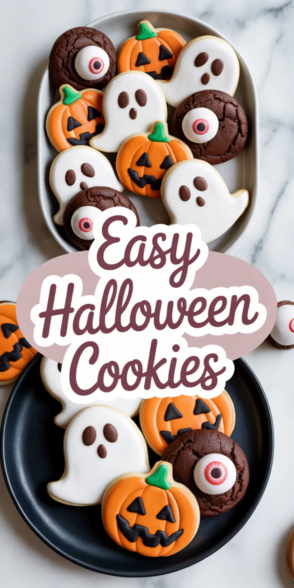 Collage of spooky Halloween cookies arranged on two serving trays, including ghost cookies with white icing, pumpkin cookies with orange frosting, and chocolate cookies with eyeball candies, captioned “Easy Halloween Cookies.”
