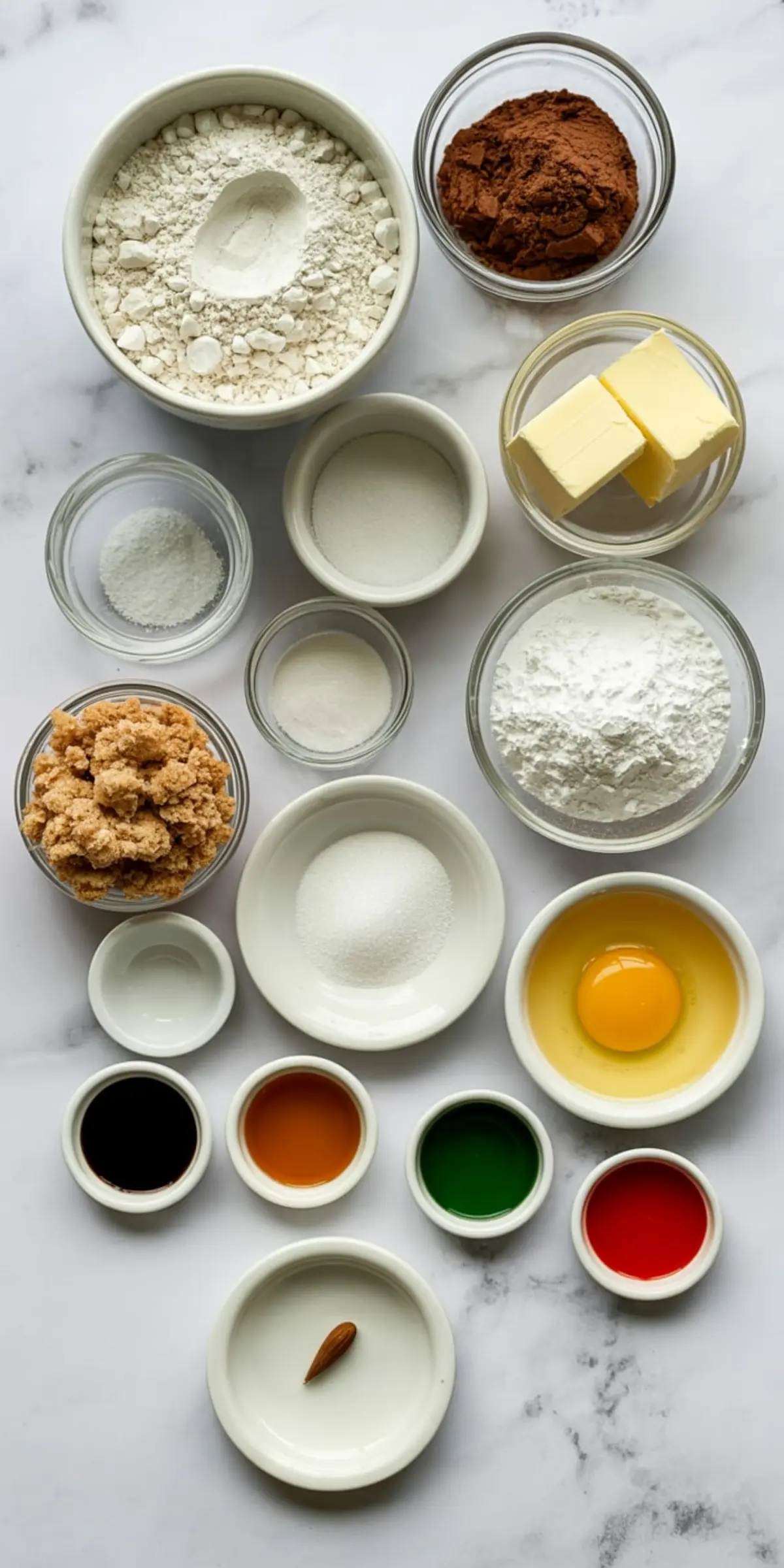Flat lay of baking ingredients in small bowls on a white surface, including flour, cocoa powder, white and brown sugar, baking soda, butter, egg, food coloring, and flavor extracts for Halloween cookies.
