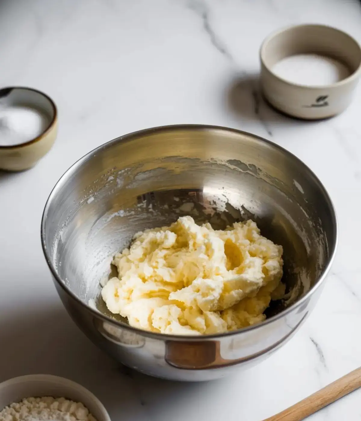 Creamed butter and sugar mixture in a metal mixing bowl on a white marble surface, surrounded by small bowls of flour and salt, prepared as a cookie dough base.
