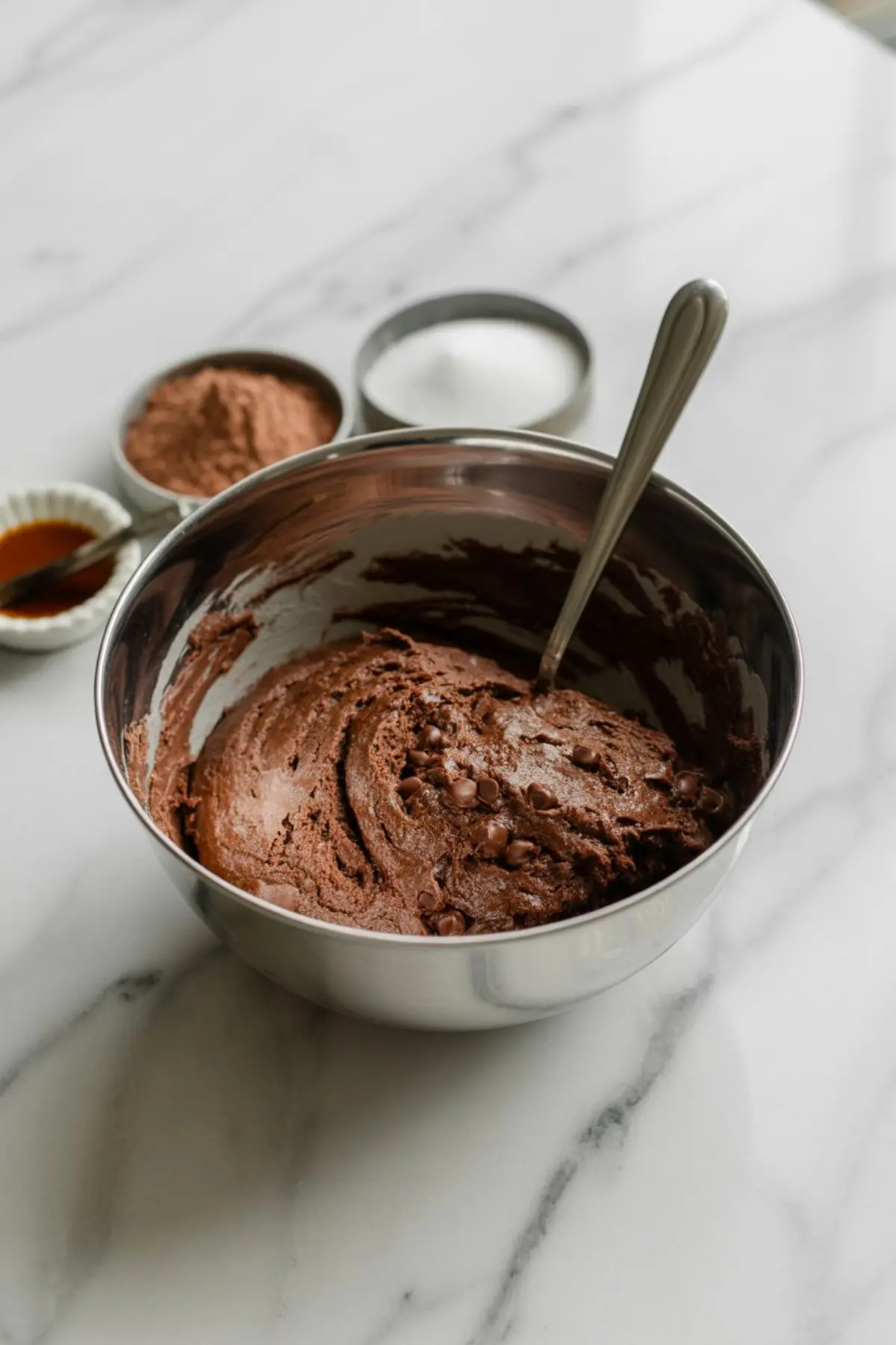 Thick chocolate cookie dough with chocolate chips mixed in a metal bowl, with cocoa powder, sugar, and vanilla extract in the background.
