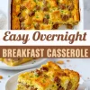 Easy overnight breakfast casserole collage showing a baked golden casserole in a white dish topped with melted cheese, sausage, and bread cubes, and a serving on a plate with layers of fluffy eggs, sausage, and cheddar cheese. A visual for best breakfast casserole recipes.