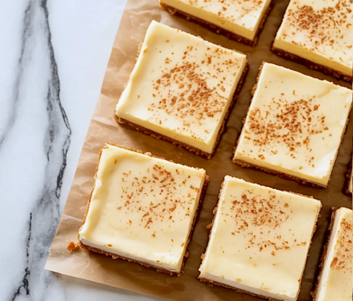 Close-up of eggnog cheesecake bars arranged on parchment paper, with smooth tops dusted with ground nutmeg and clean edges.
