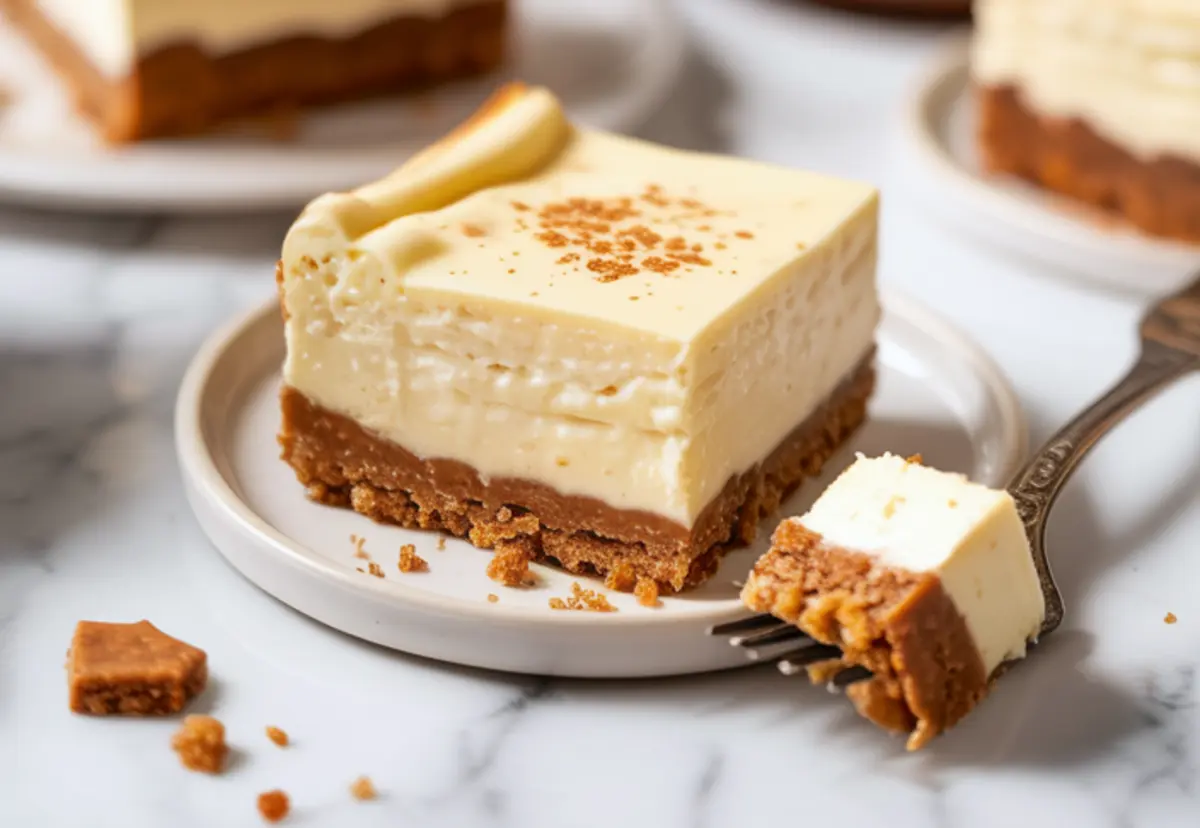 Eggnog cheesecake bar on a white plate with a bite on a fork, showing creamy layers and a thick spiced graham cracker crust on a marble surface.
