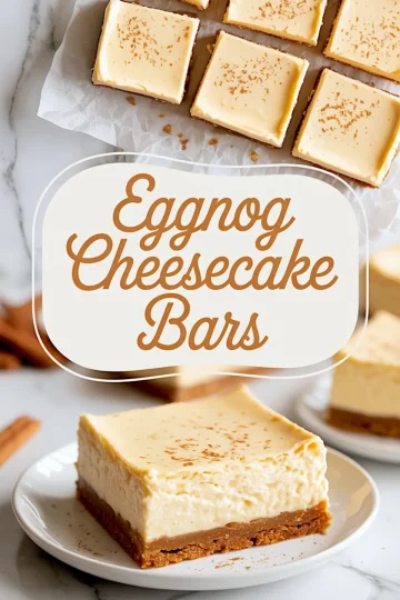 Upper view highlights golden eggnog cheesecake bars on parchment paper. Bottom view features a single bar on a plate with visible creamy texture and spiced crust, along with “Eggnog Cheesecake Bars” text overlay.