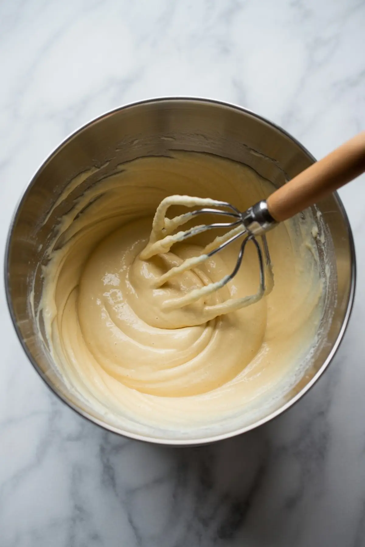 Smooth eggnog cheesecake filling in a metal mixing bowl with a wooden-handled whisk resting on the side.
