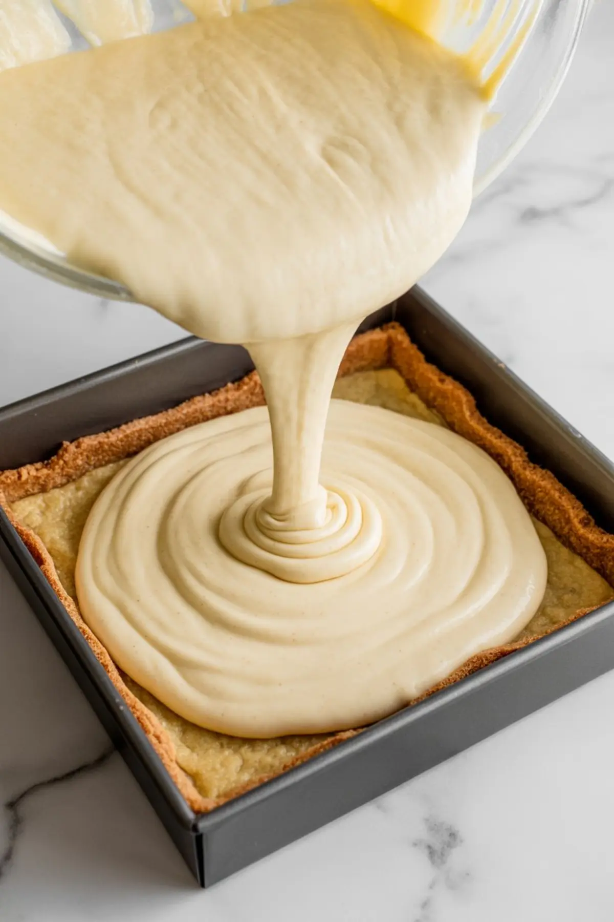Thick eggnog cheesecake batter being poured into a graham cracker crust in a square baking pan on a marble countertop.
