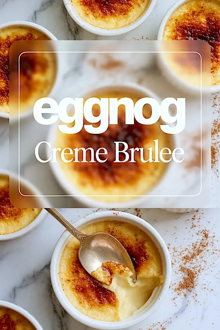 Top-down image of ramekins with torched sugar tops and creamy eggnog custard inside, labeled “eggnog creme brûlée” with a spoon dipping into one ramekin.