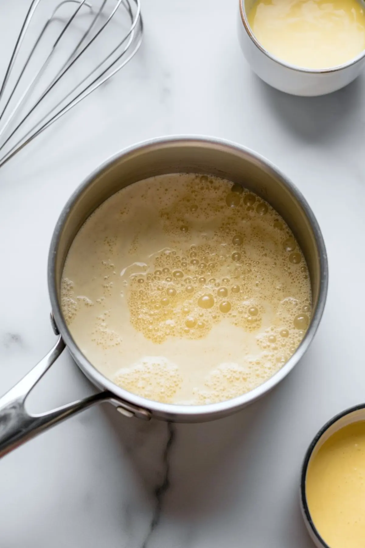 Whisked eggnog custard mixture in a stainless steel saucepan, resting on a marble surface with a metal whisk and bowls nearby, showcasing the beginning stage of homemade creme brûlée preparation.