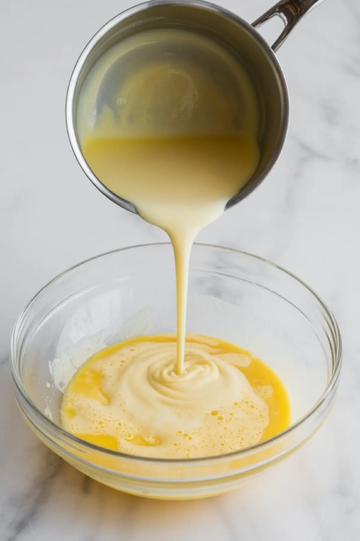 Warm eggnog custard being poured from a saucepan into a glass bowl of egg yolks, highlighting the tempering process for creamy creme brûlée filling.