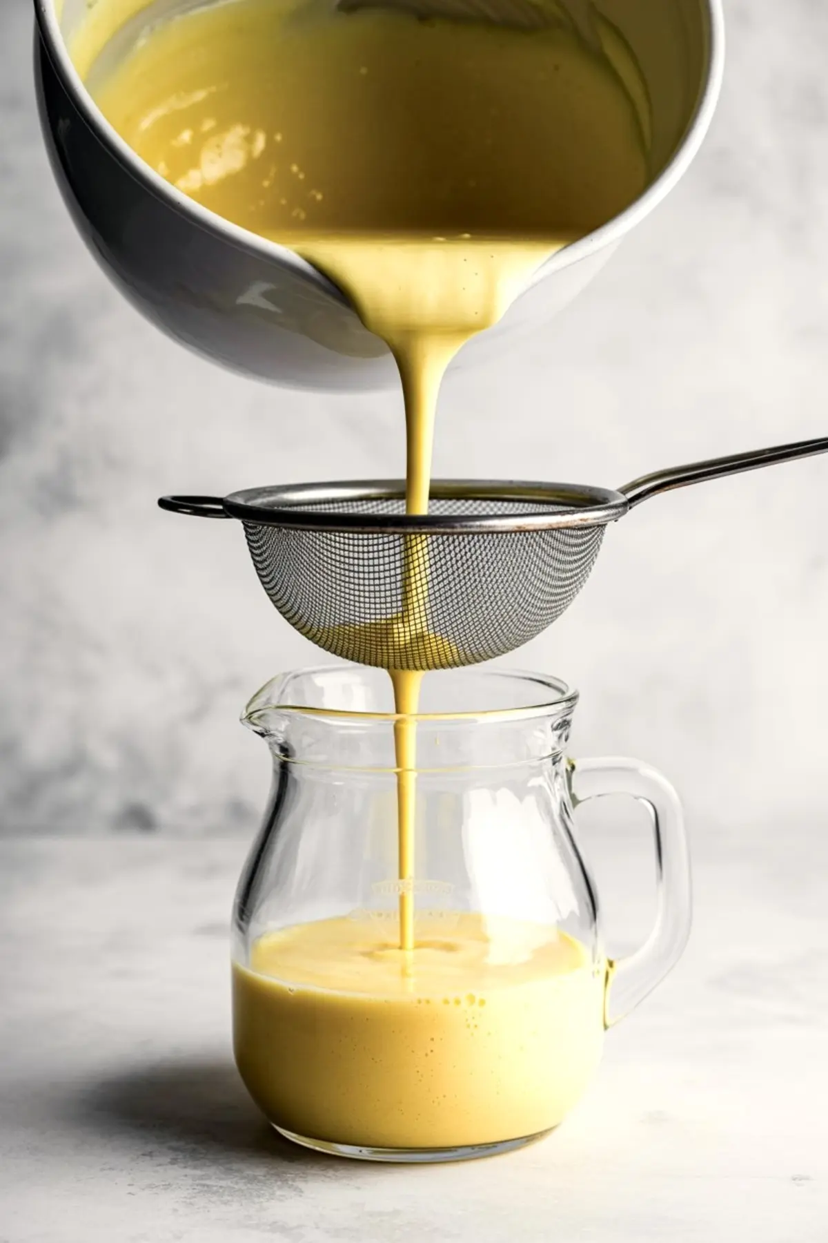 Silky custard being strained through a fine mesh sieve into a glass pitcher, ensuring a smooth texture for eggnog creme brûlée before baking.
