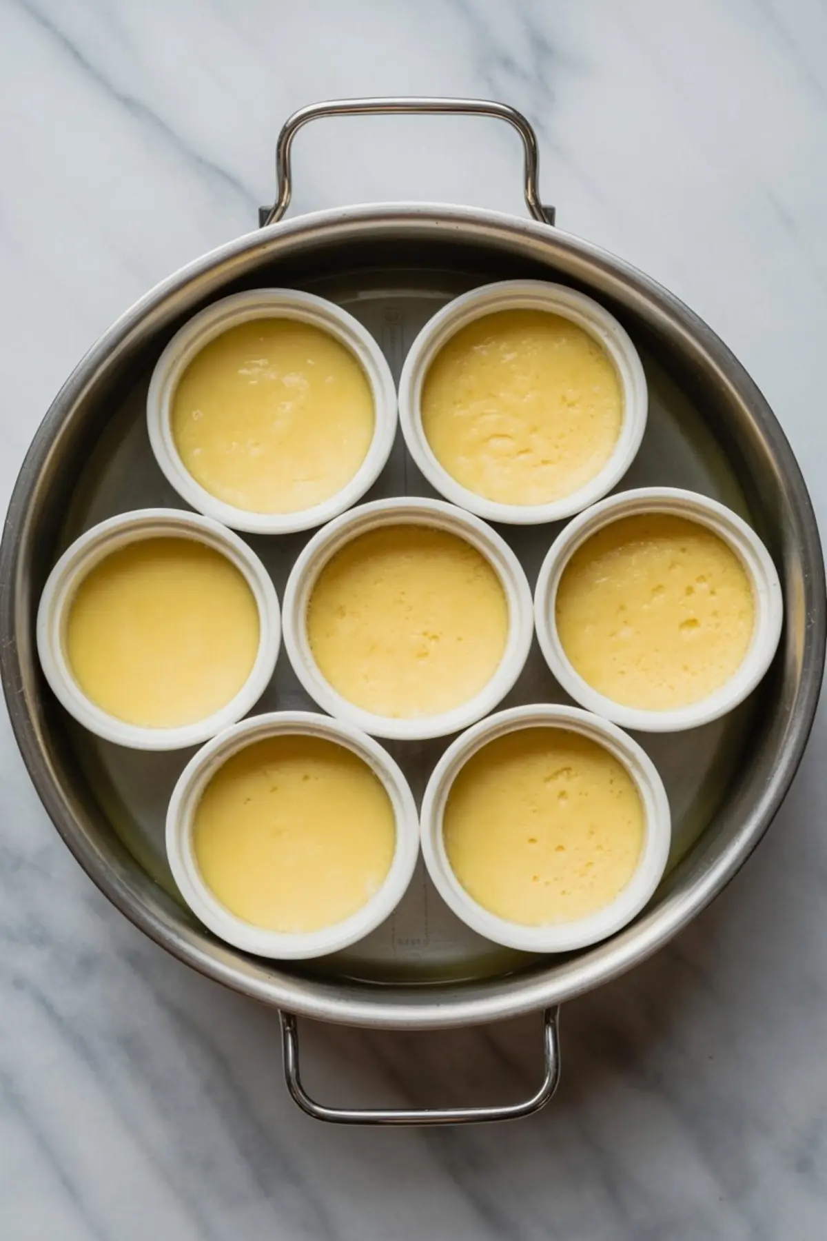 Seven ramekins filled with set eggnog custard arranged in a large round baking dish, displayed before adding the caramelized sugar topping for creme brûlée.