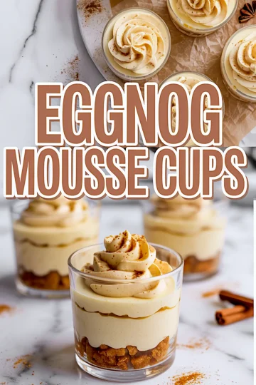 Glass dessert cups filled with layers of crushed cookies and eggnog mousse, topped with piped whipped cream and sprinkled with cinnamon.