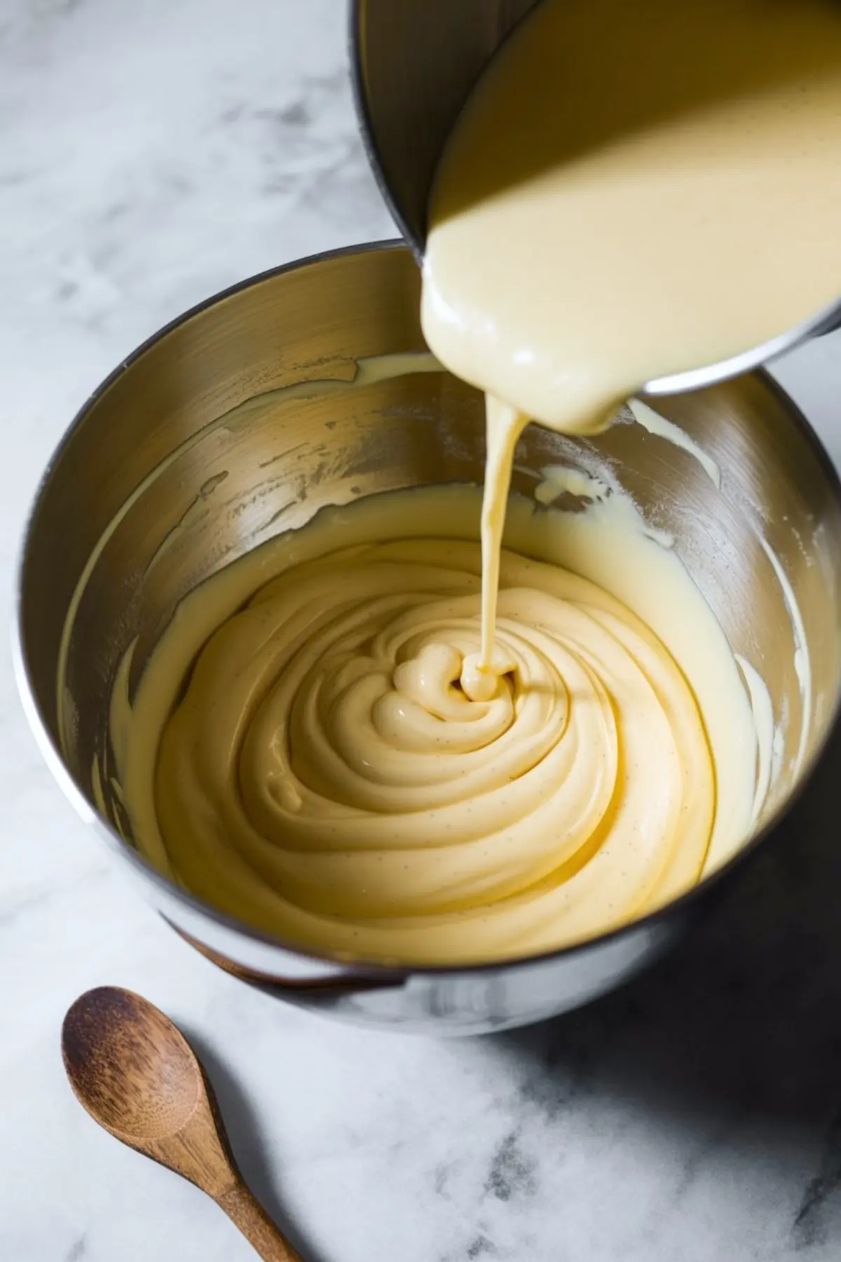 Thick creamy eggnog mixture being poured into a metal mixing bowl, creating a smooth swirl texture.