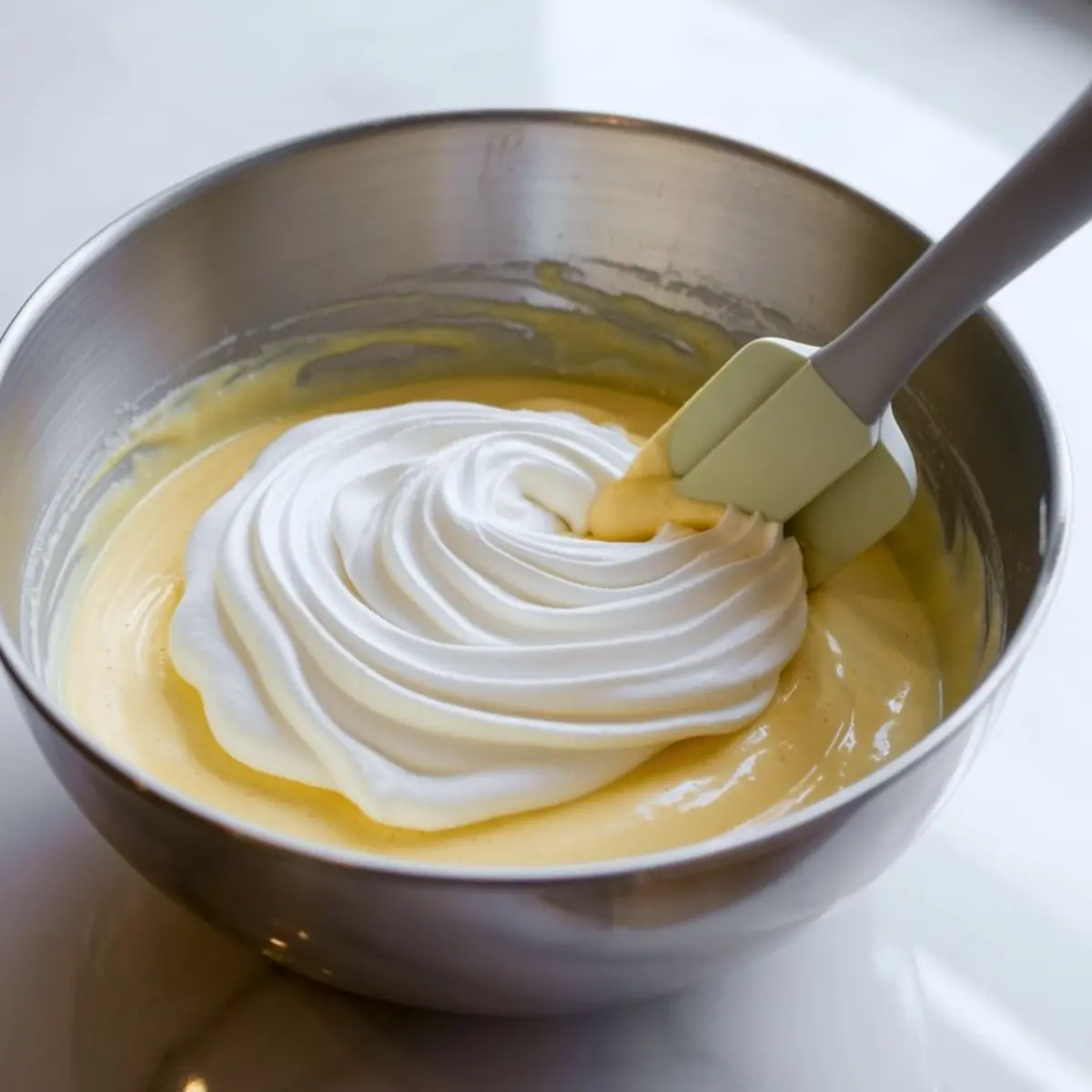 Metal bowl with fluffy whipped cream being folded into a rich yellow eggnog mixture using a spatula.