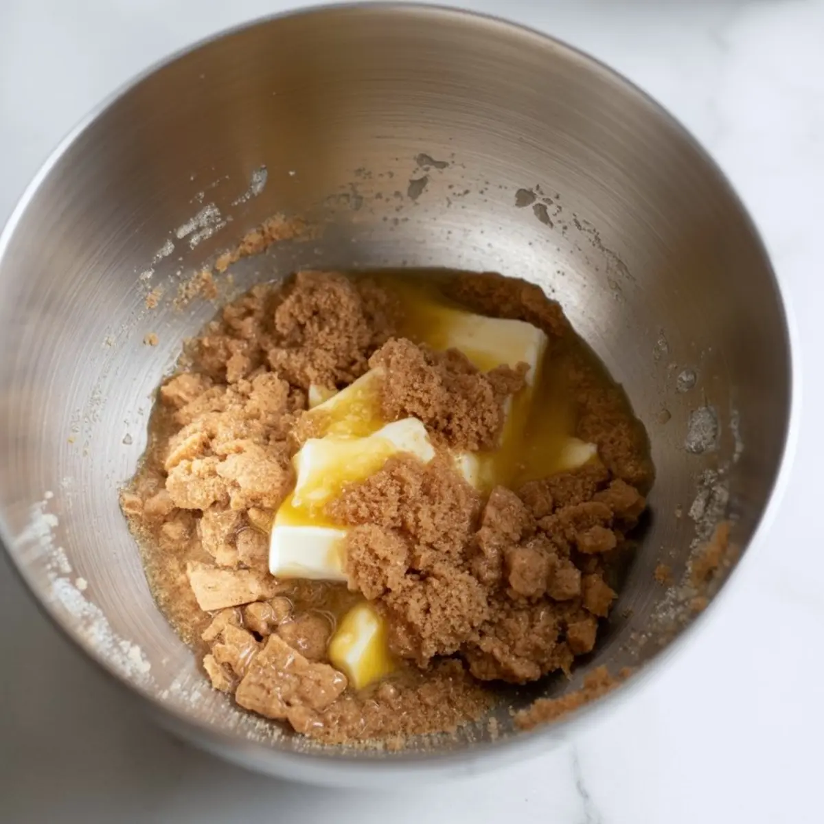 Mixing bowl with melted butter, brown sugar, and crushed graham crackers for the base of eggnog mousse cups.