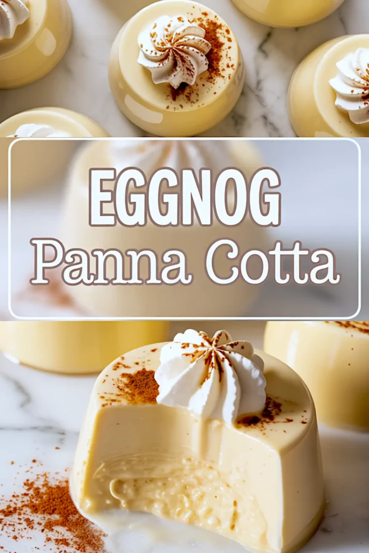Top view of glossy eggnog panna cotta desserts garnished with cinnamon-dusted whipped cream; bottom half features a creamy panna cotta with a spoonful removed, exposing its rich, textured custard-like interior.