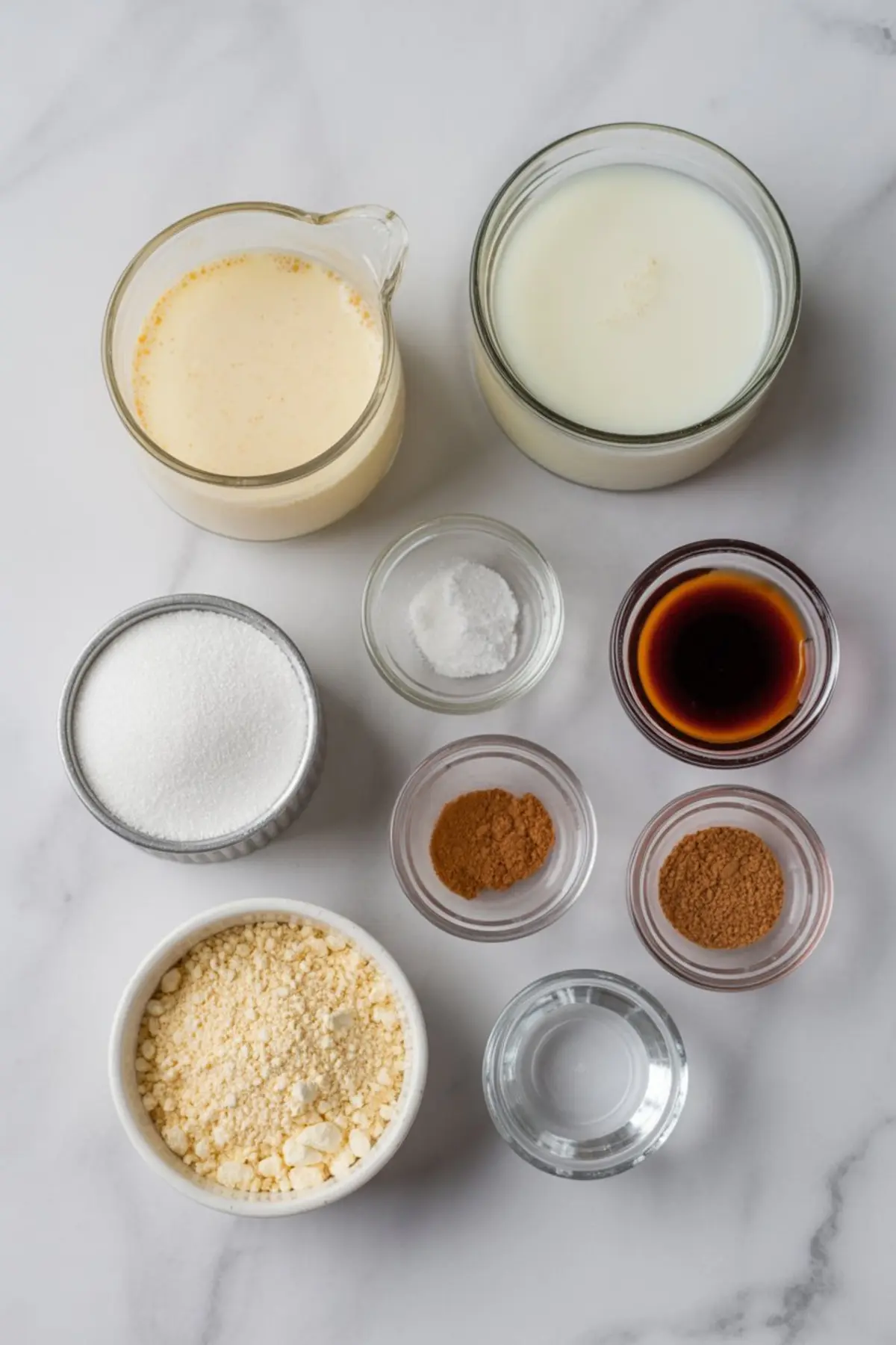 Flat lay of individual panna cotta ingredients on a marble surface, including milk, cream, sugar, vanilla extract, cinnamon, nutmeg, gelatin, salt, and powdered eggnog mix, organized in small glass and ceramic bowls.