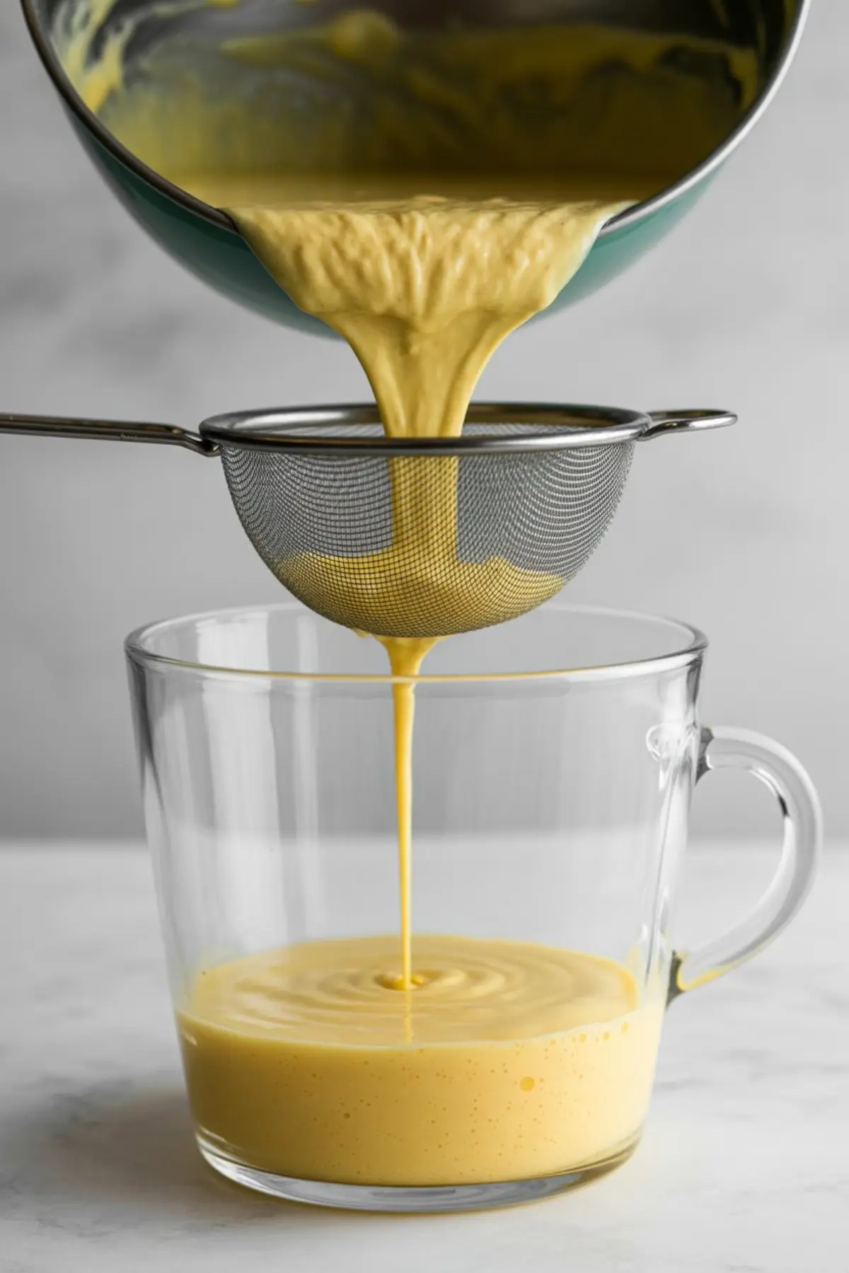 Thick yellow eggnog mixture being poured from a saucepan through a fine mesh strainer into a clear glass measuring cup, showcasing the preparation step for silky panna cotta.