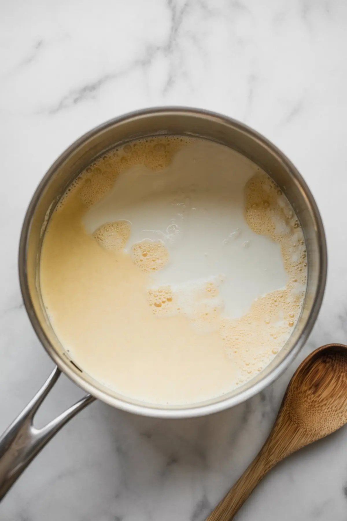 Overhead view of a stainless steel saucepan containing a mixture of milk and eggnog on a marble countertop, with a wooden spoon placed nearby, showing the initial cooking stage for panna cotta.