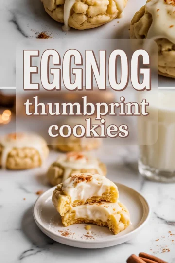 a collage showcasing eggnog thumbprint cookies topped with frosting and nutmeg, including a close-up of a halved cookie on a white plate, with stylized overlay text “EGGNOG thumbprint cookies” against a festive blurred background.