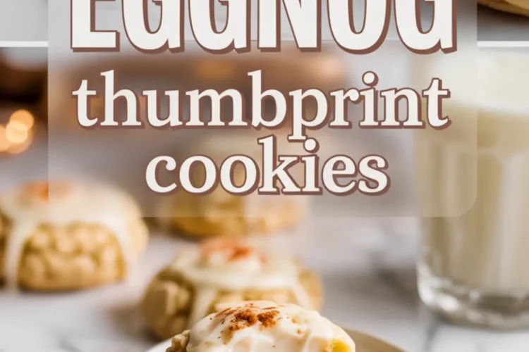 a collage showcasing eggnog thumbprint cookies topped with frosting and nutmeg, including a close-up of a halved cookie on a white plate, with stylized overlay text “EGGNOG thumbprint cookies” against a festive blurred background.