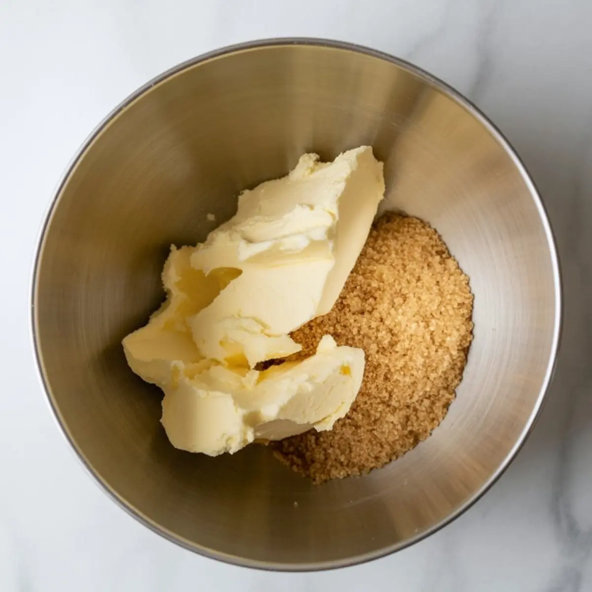 Butter and brown sugar combined in a metal mixing bowl, placed on a marble countertop, ready to be creamed for cookie dough preparation.