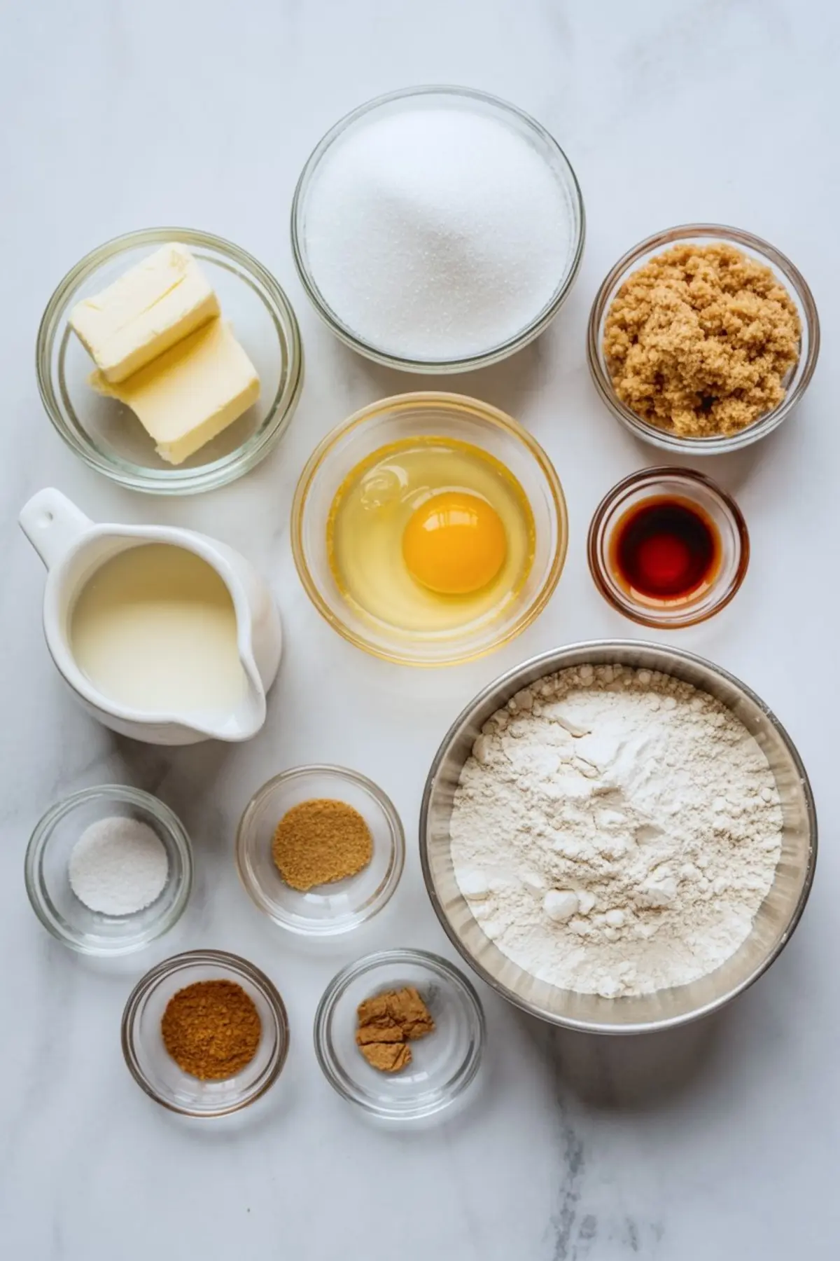 Flat lay of cookie ingredients on a marble surface, featuring flour, sugar, brown sugar, butter, milk, an egg, vanilla extract, baking soda, salt, cinnamon, nutmeg, and ground cloves in glass and metal bowls.