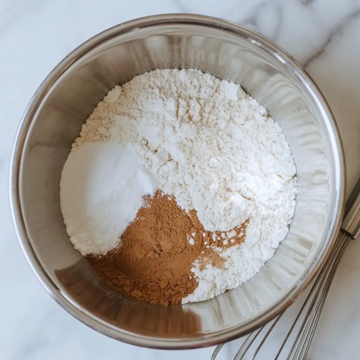 Stainless steel mixing bowl filled with dry baking ingredients including all-purpose flour, baking powder, baking soda, and ground cinnamon on a white marble surface with a metal whisk nearby.