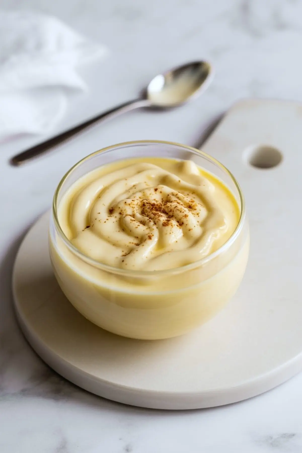 Glass bowl filled with creamy eggnog pudding swirled on top and lightly dusted with ground nutmeg, placed on a round white ceramic board with a spoon in the background.
