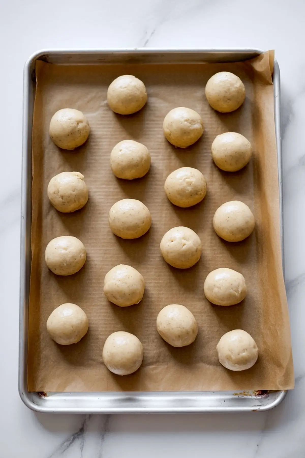 Baking sheet lined with parchment paper holding evenly spaced raw cookie dough balls, prepped and ready for baking.