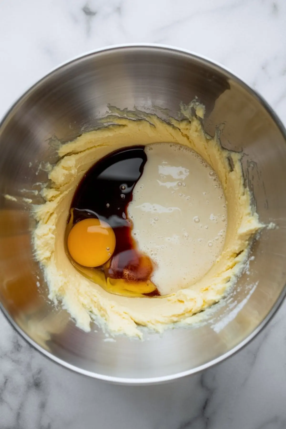 Mixing bowl with creamed butter blended with an egg, vanilla extract, and liquid eggnog, ready to be mixed for cookie batter on a marble surface.
