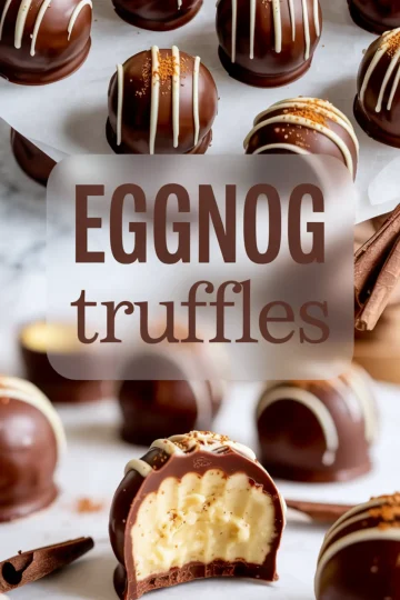 Overhead view of chocolate-coated eggnog truffles with white drizzle and crumb topping, with large “Eggnog Truffles” text overlay in bold font.