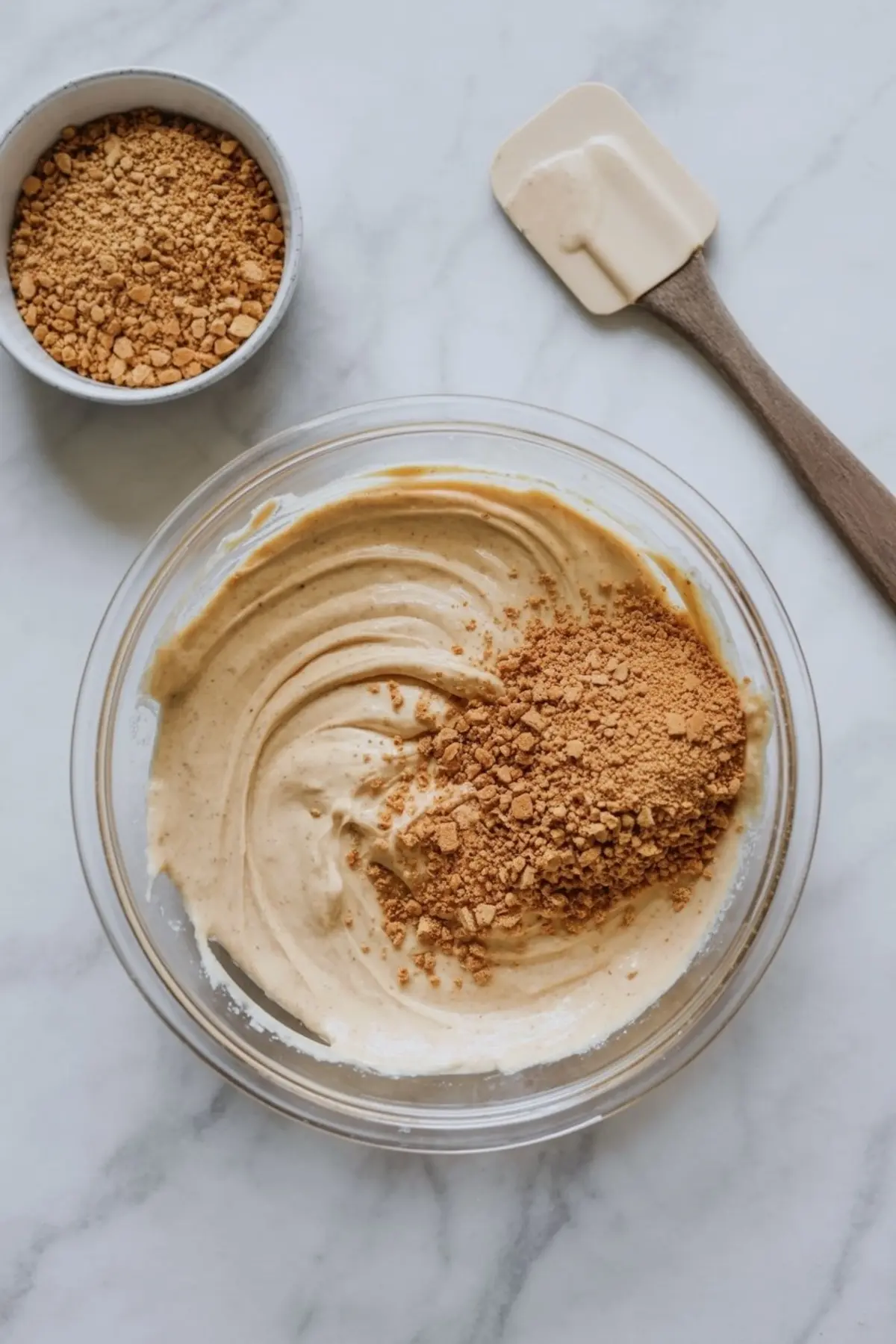 Glass mixing bowl with creamy eggnog filling and crushed graham cracker crumbs, surrounded by spatula and extra bowl of crumbs on a marble countertop.
