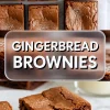 A collage showing sliced gingerbread brownies with a shiny crackly top and fudgy center. Text overlay reads “Gingerbread Brownies” in bold white letters.