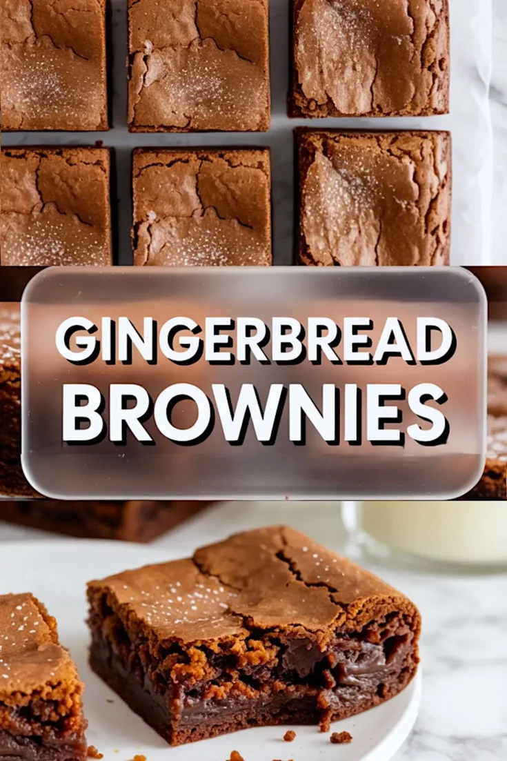 A collage showing sliced gingerbread brownies with a shiny crackly top and fudgy center. Text overlay reads “Gingerbread Brownies” in bold white letters.