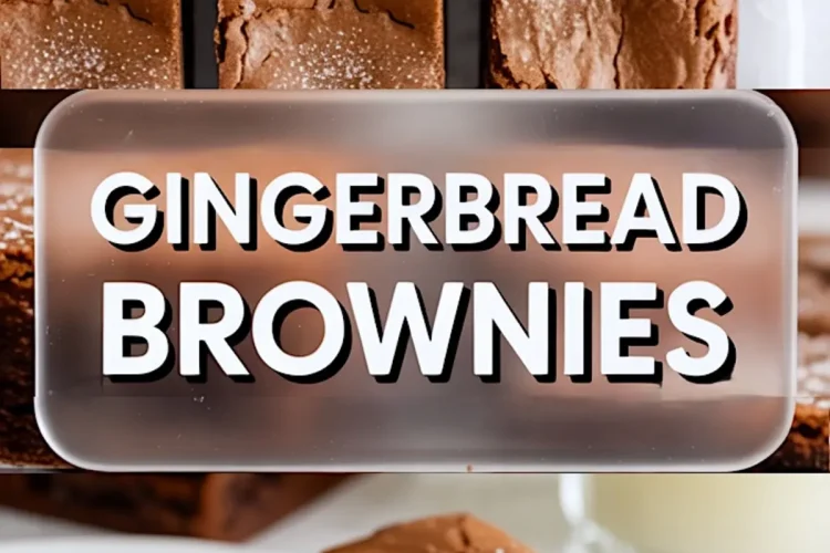 A collage showing sliced gingerbread brownies with a shiny crackly top and fudgy center. Text overlay reads “Gingerbread Brownies” in bold white letters.
