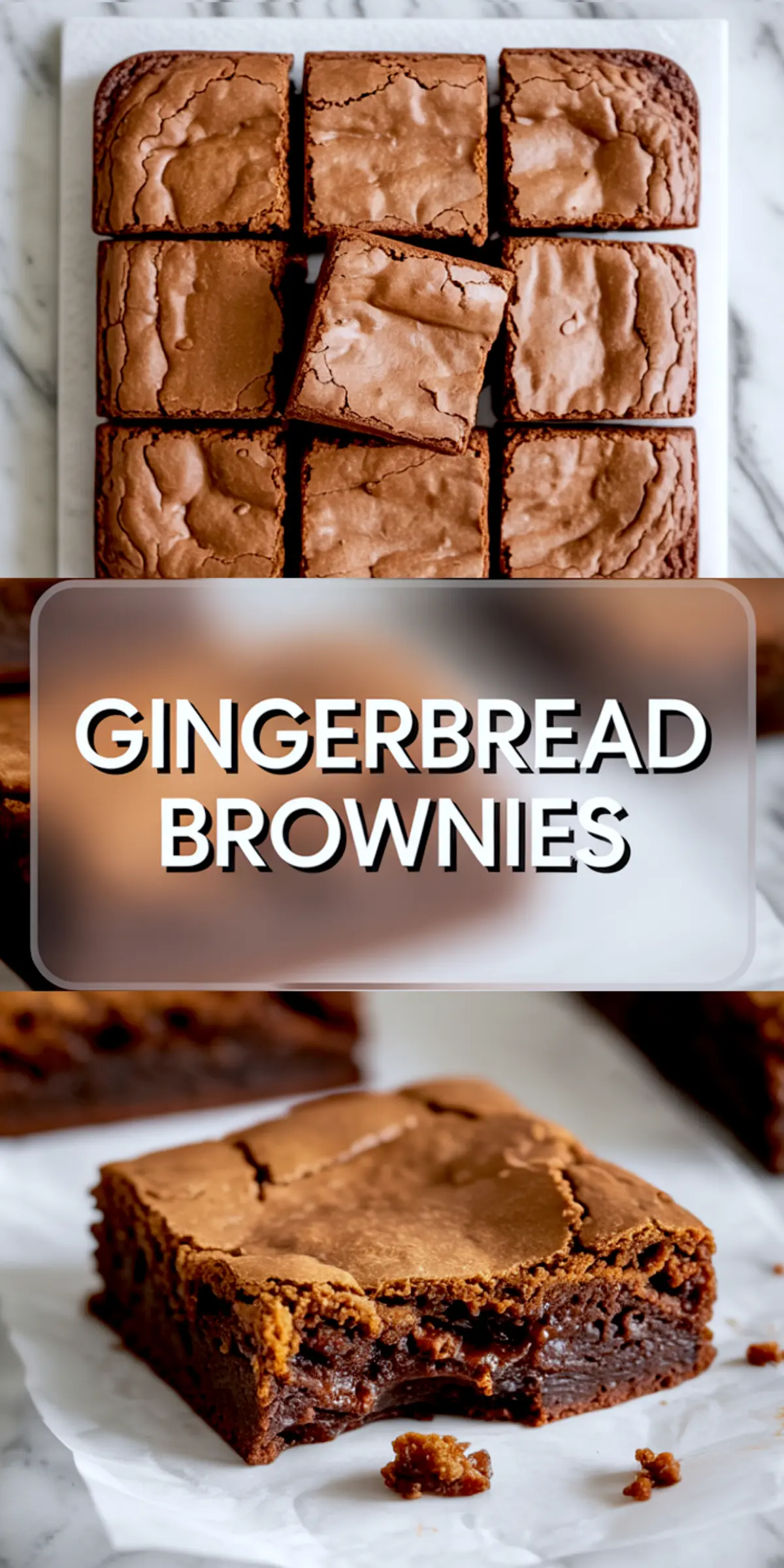 A collage of gingerbread brownies cut into neat squares with a crackly top and rich chocolate center. Text overlay reads “Gingerbread Brownies.”