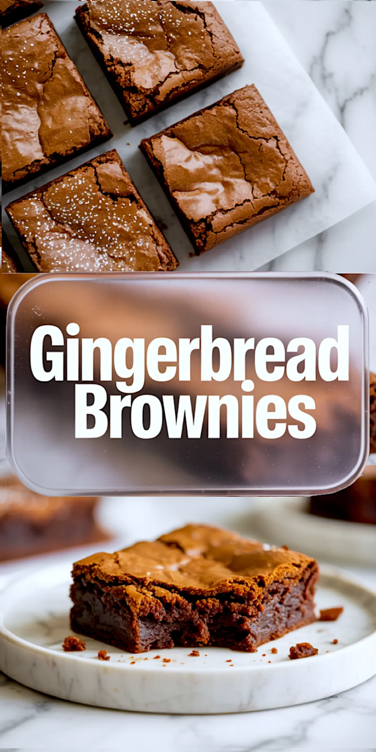 A collage featuring close-up shots of gingerbread brownies with flaky tops and gooey chocolate centers on marble. Text overlay reads “Gingerbread Brownies.”