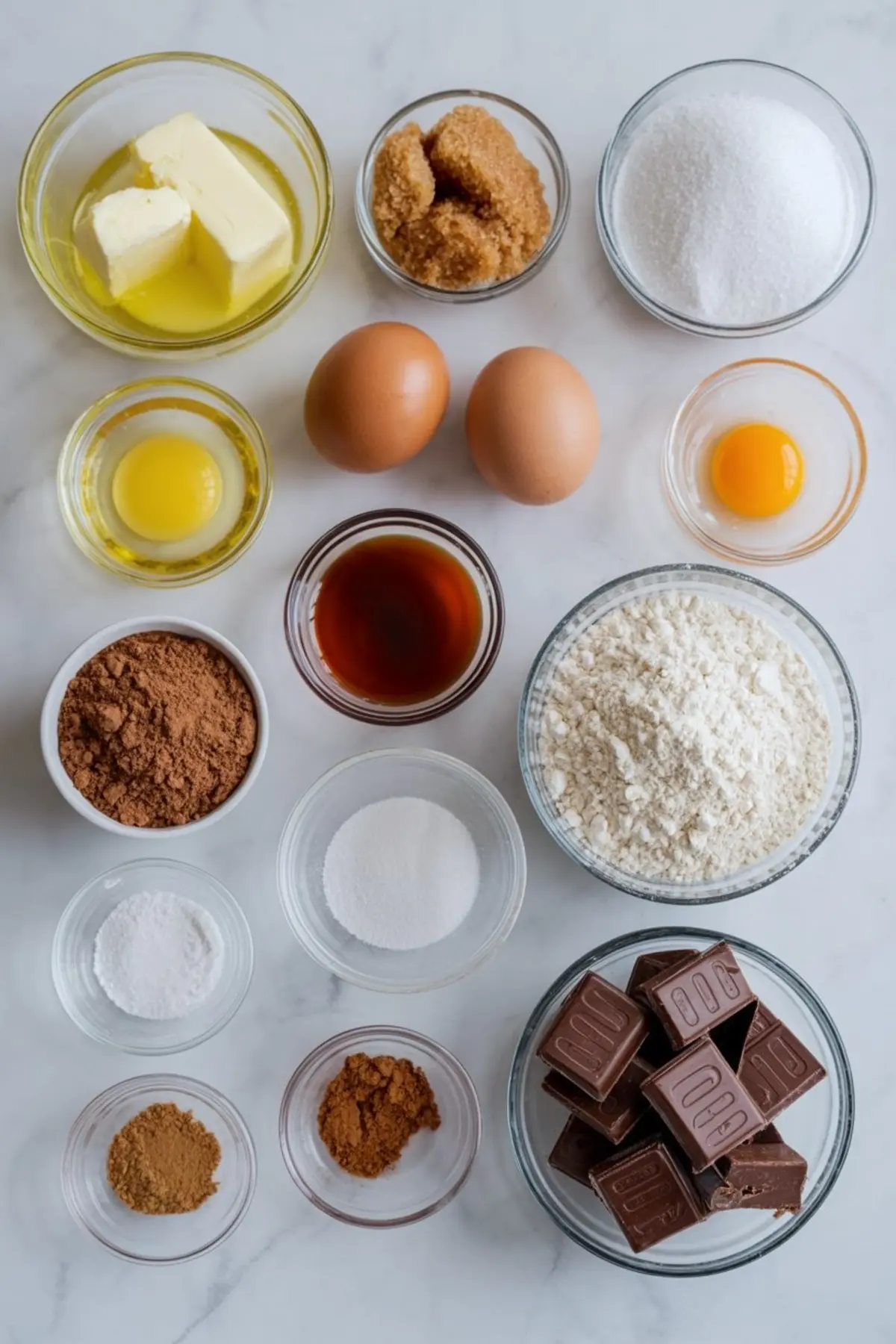 Overhead view of gingerbread brownie ingredients in small glass bowls including butter, brown sugar, white sugar, eggs, flour, cocoa powder, vanilla, baking powder, salt, spices, and chocolate chunks.