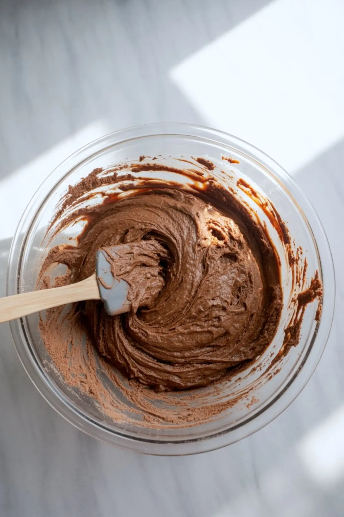 A glass bowl of thick chocolate batter being stirred with a spatula under natural sunlight on a marble surface.