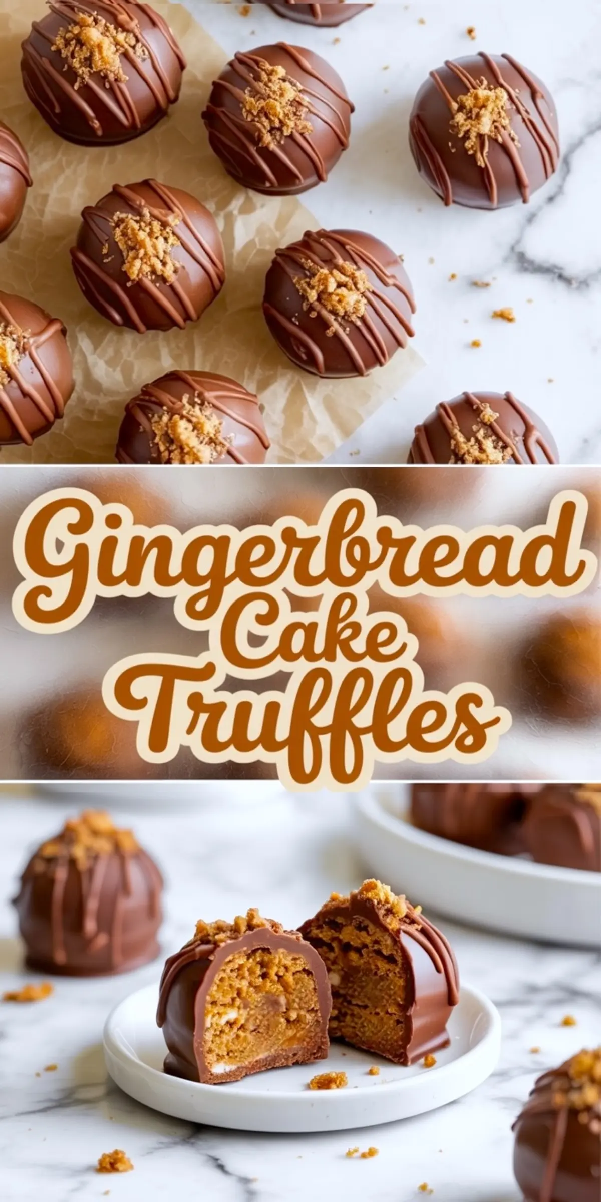 Pinterest collage featuring gingerbread cake truffles coated in chocolate, labeled “Gingerbread Cake Truffles,” with a close-up of the truffle’s spiced cake interior on a white plate.
