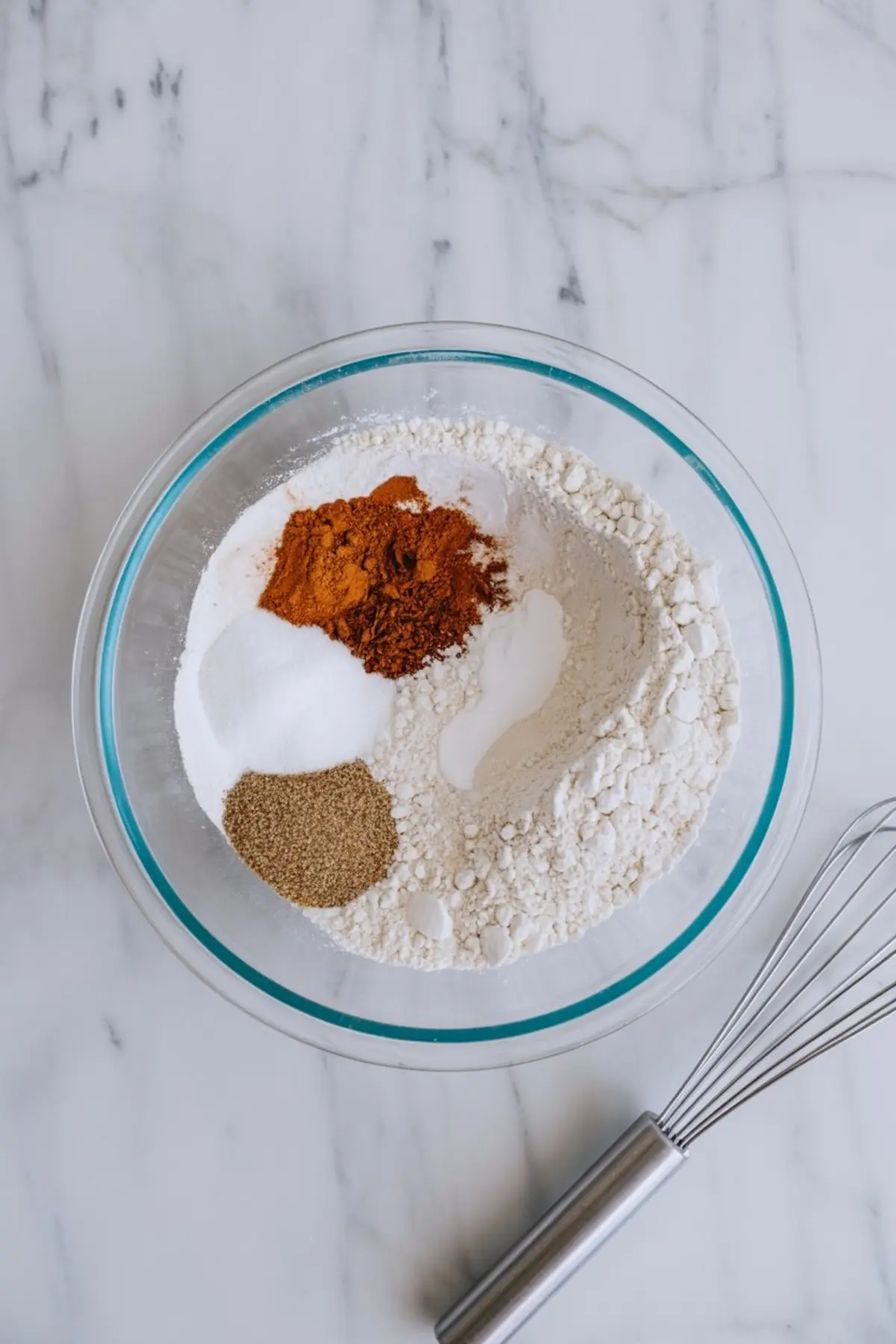 Glass bowl with dry ingredients including flour, ground cinnamon, ginger, black pepper, baking powder, and sugar on a marble countertop.
