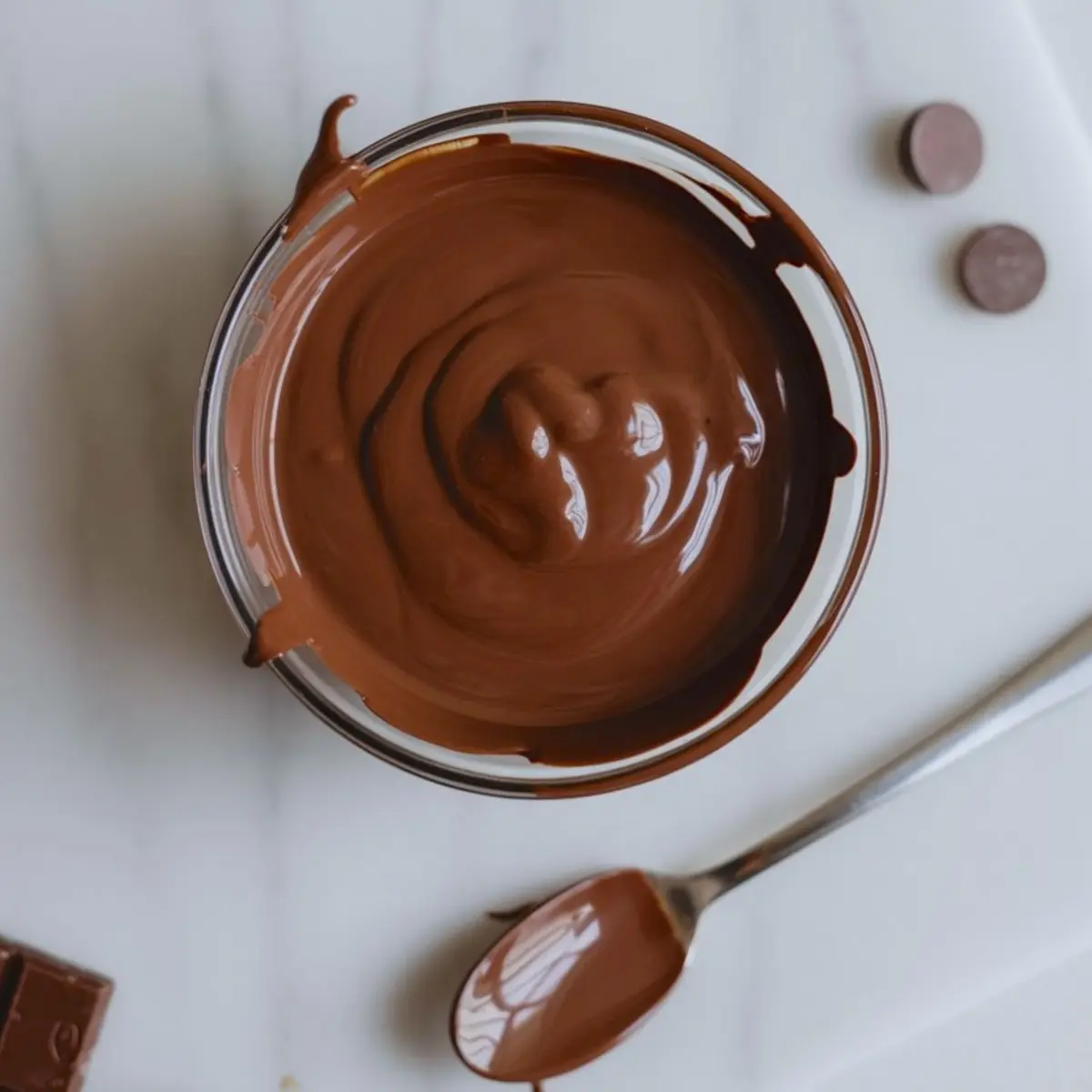 Glass bowl filled with smooth melted chocolate next to a spoon coated with chocolate and chocolate pieces on a white surface.

