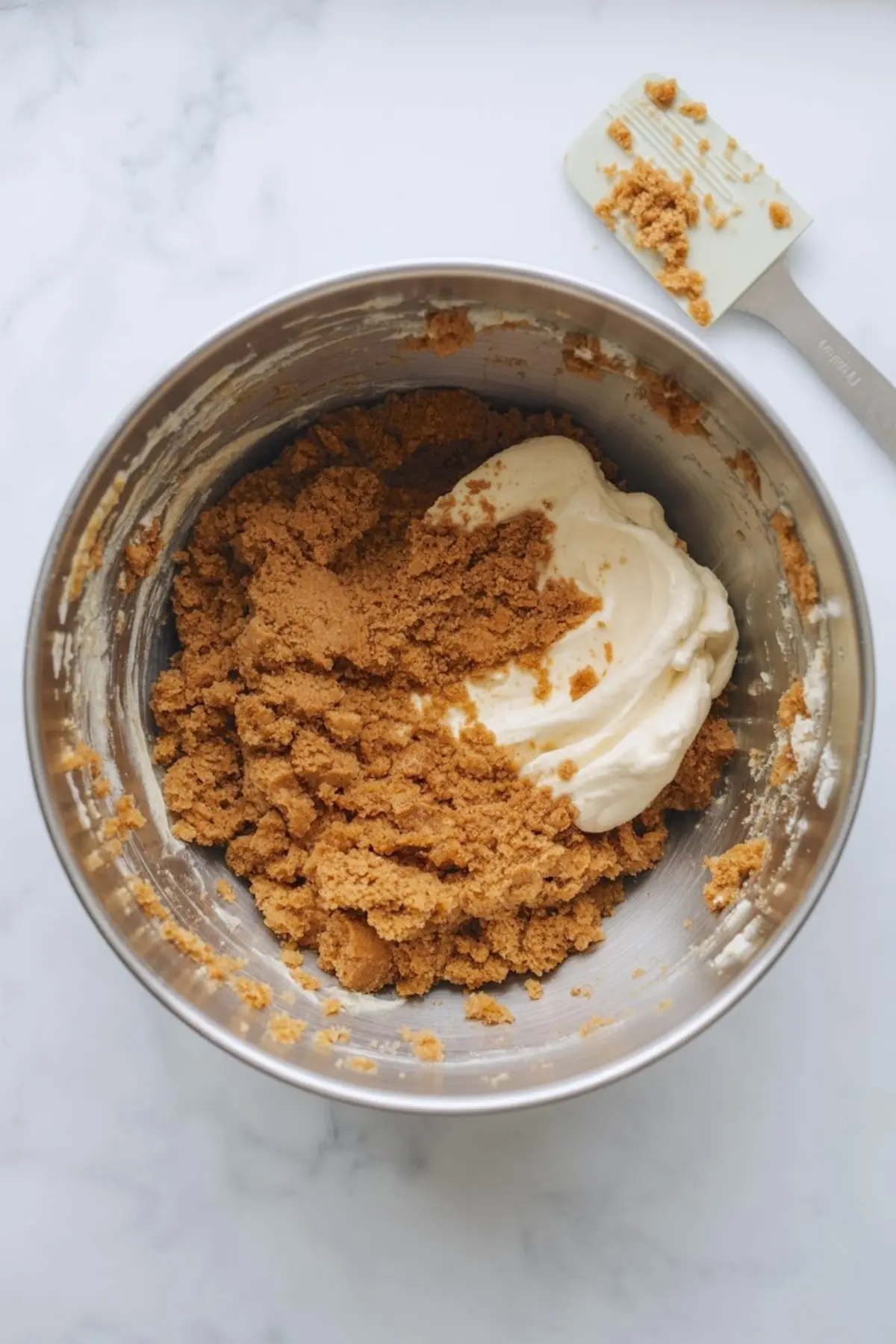 Stainless steel mixing bowl with gingerbread cake crumbs partially blended with cream cheese using a white spatula.
