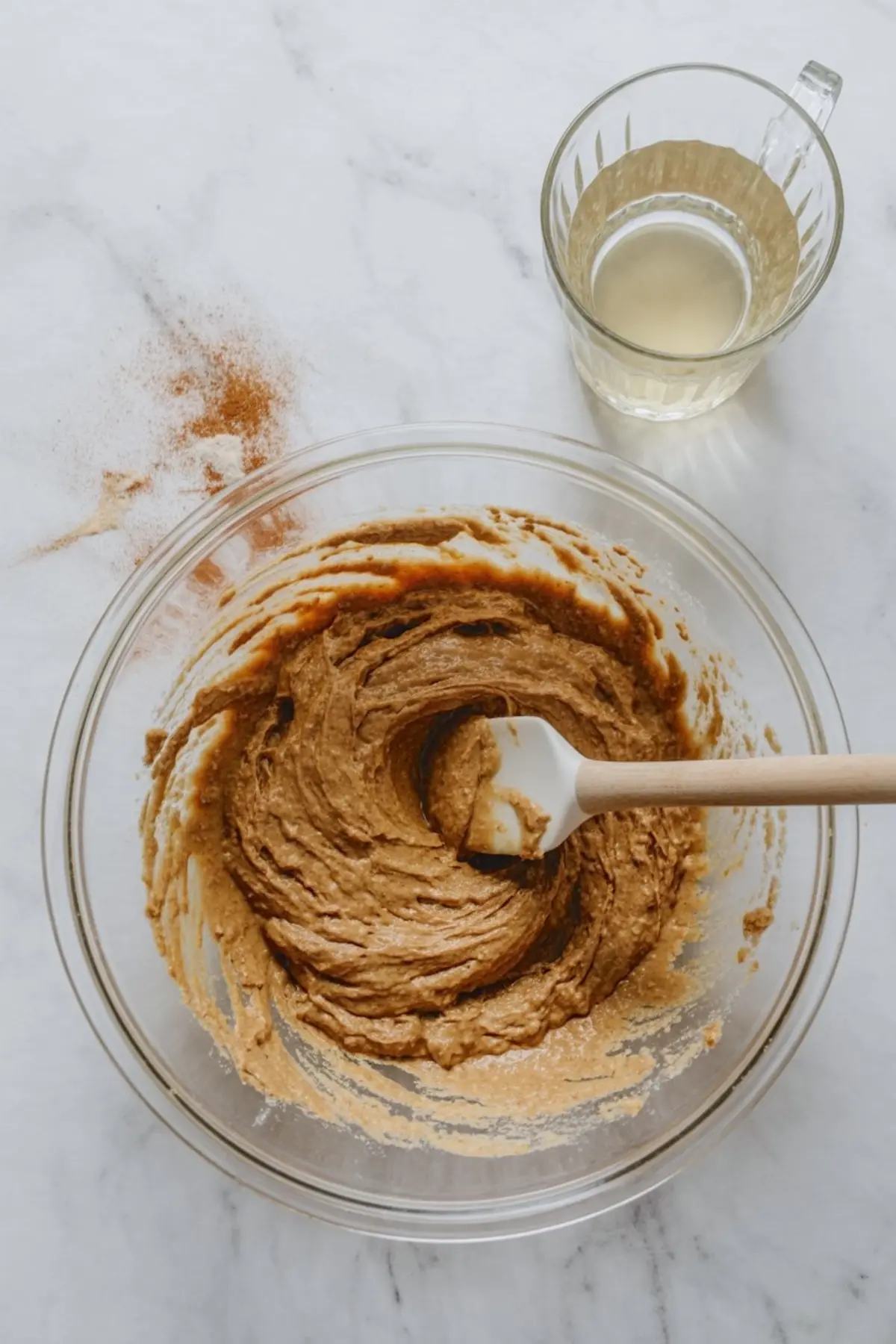 Glass bowl of blended gingerbread batter with spatula, cinnamon dust nearby, and a clear measuring cup of liquid on a white marble surface.
