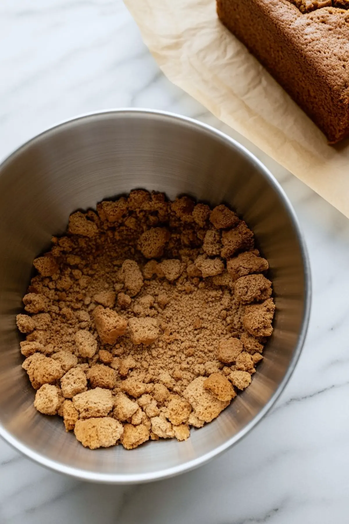 Metal bowl filled with crumbled gingerbread cake pieces next to a loaf of baked gingerbread on parchment paper.
