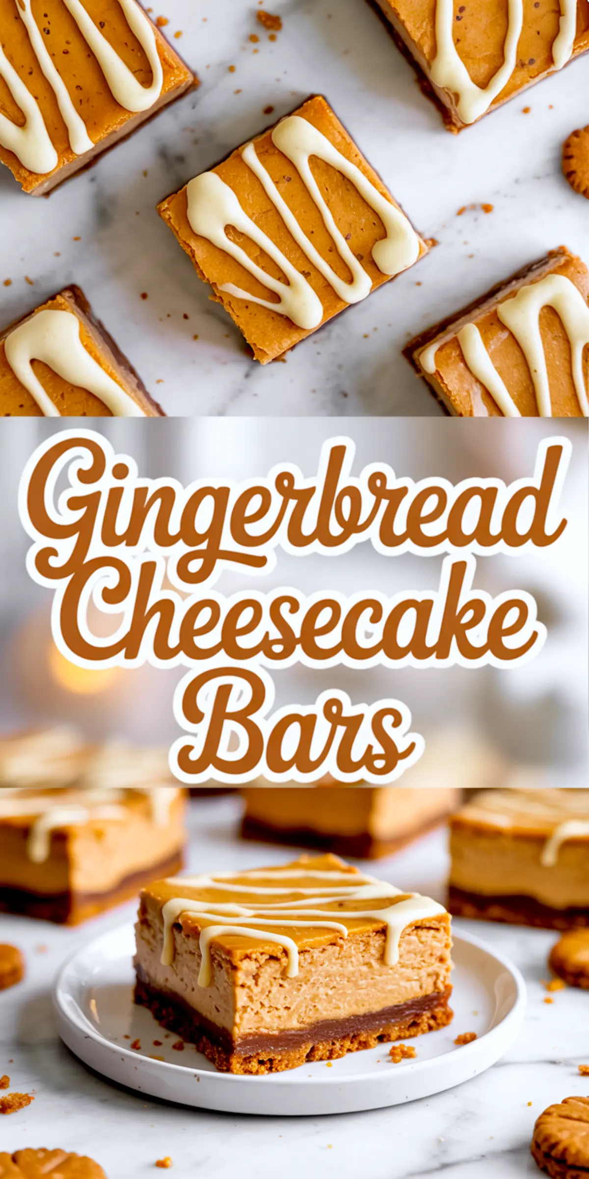 Vertical collage of gingerbread cheesecake bars featuring overhead and side views of creamy spiced cheesecake slices with gingersnap crust and white chocolate drizzle, labeled “Gingerbread Cheesecake Bars” in bold script.

