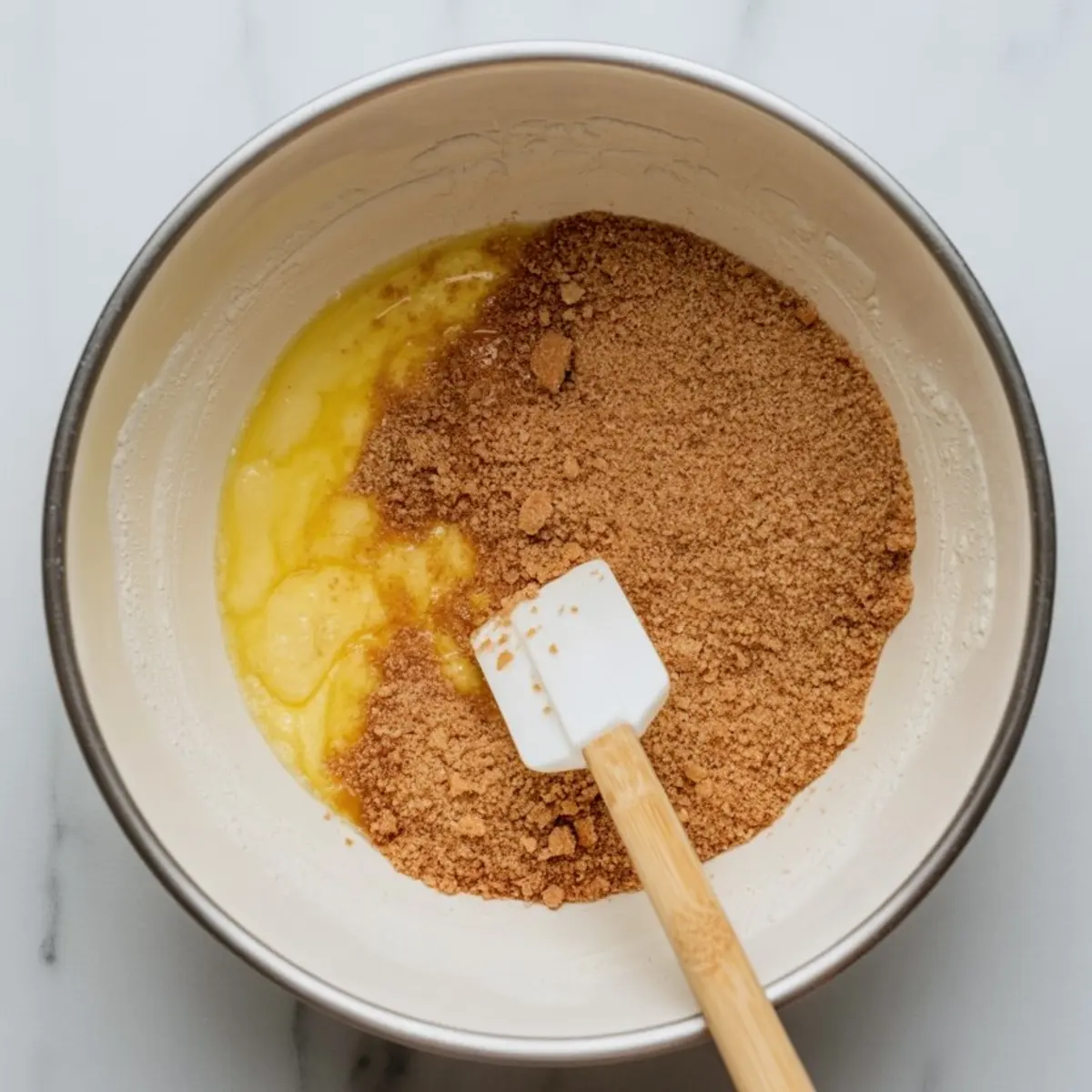 Mixing bowl with crushed gingersnap cookies and melted butter being combined using a white spatula on a marble surface.
