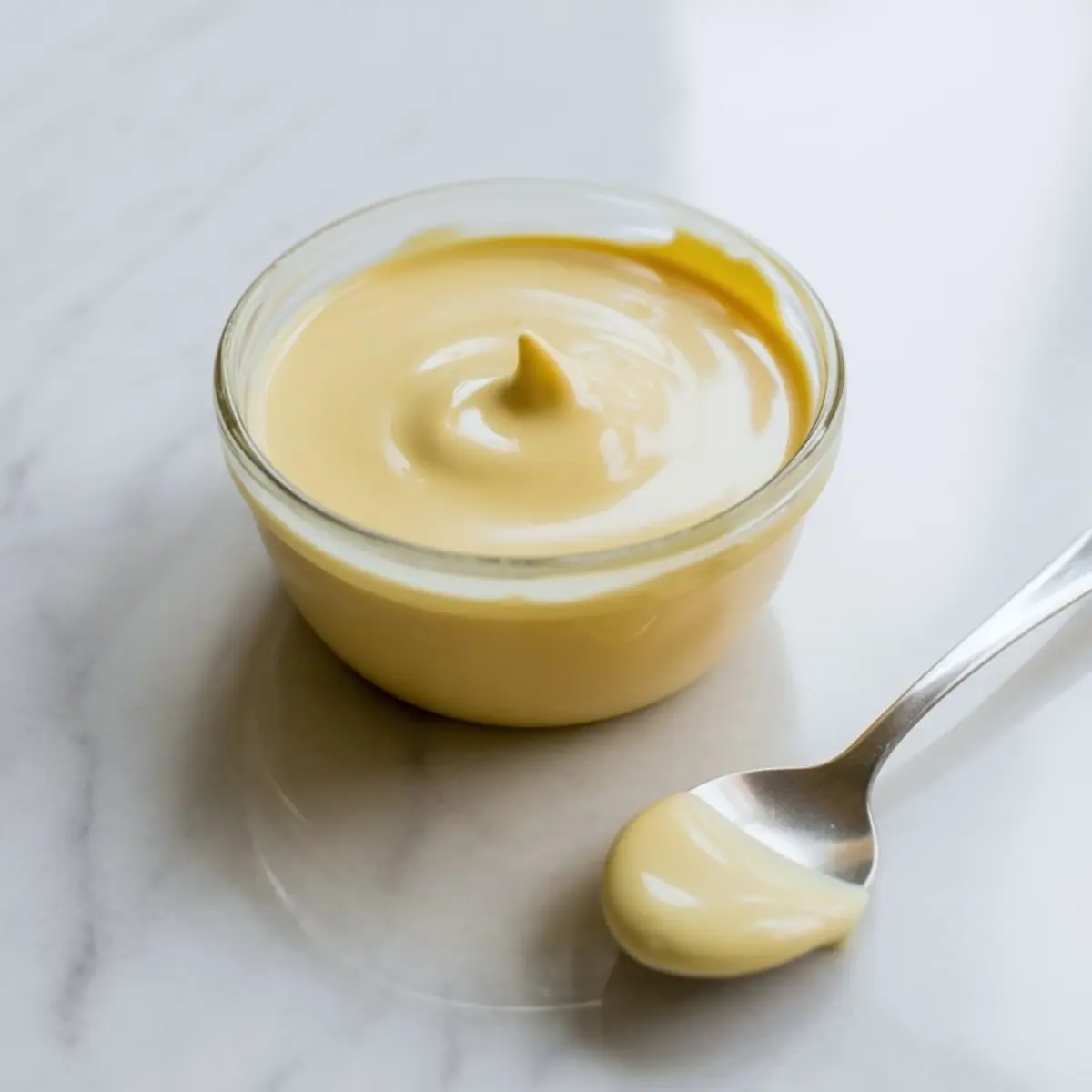 Glass bowl of pale golden sweetened condensed milk or white chocolate ganache with a spoon resting beside on a marble countertop.

